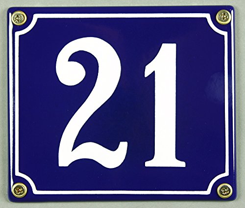 Emaille Hausnummernschild - Wählen Sie Ihre Nummer - Zahlen 1 bis 30 verfügbar - blau/weiß 12x12 cm und 12x14cm - sofort lieferbar! Hausnummer Schild wetterfest und lichtecht (21 blau/weiß 12x14cm) von Buddel-Bini Versand