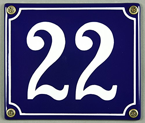 Emaille Hausnummernschild - Wählen Sie Ihre Nummer - Zahlen 1 bis 30 verfügbar - blau/weiß 12x12 cm und 12x14cm - sofort lieferbar! Hausnummer Schild wetterfest und lichtecht (22 blau/weiß 12x14cm) von Buddel-Bini Versand