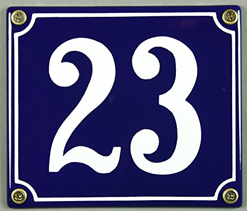 Emaille Hausnummernschild - Wählen Sie Ihre Nummer - Zahlen 1 bis 30 verfügbar - blau/weiß 12x12 cm und 12x14cm - sofort lieferbar! Hausnummer Schild wetterfest und lichtecht (23 blau/weiß 12x14cm) von Buddel-Bini Versand