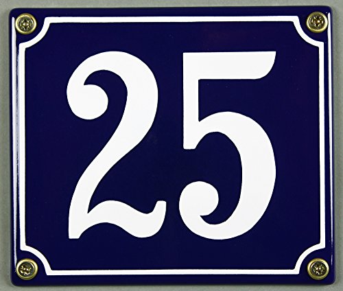 Emaille Hausnummernschild - Wählen Sie Ihre Nummer - Zahlen 1 bis 30 verfügbar - blau/weiß 12x12 cm und 12x14cm - sofort lieferbar! Hausnummer Schild wetterfest und lichtecht (25 blau/weiß 12x14cm) von Buddel-Bini Versand