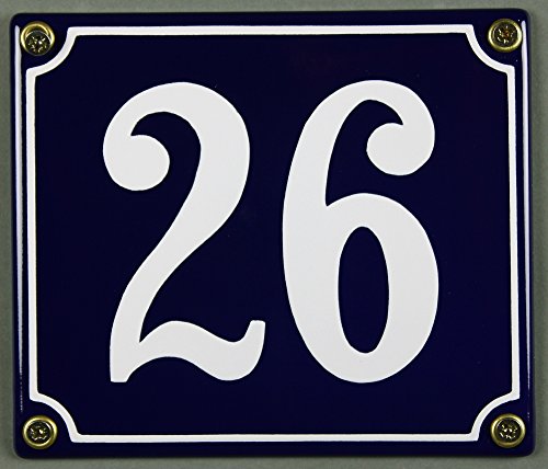 Emaille Hausnummernschild - Wählen Sie Ihre Nummer - Zahlen 1 bis 30 verfügbar - blau/weiß 12x12 cm und 12x14cm - sofort lieferbar! Hausnummer Schild wetterfest und lichtecht (26 blau/weiß 12x14cm) von Buddel-Bini Versand