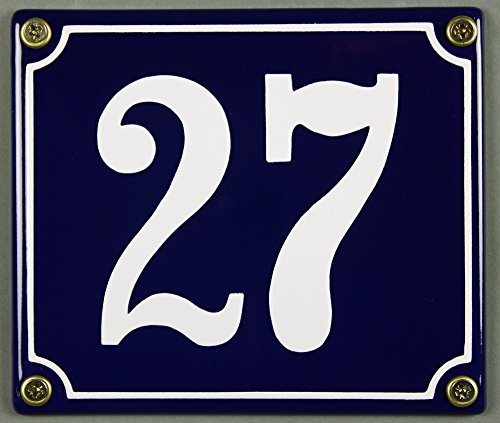 Emaille Hausnummernschild - Wählen Sie Ihre Nummer - Zahlen 1 bis 30 verfügbar - blau/weiß 12x12 cm und 12x14cm - sofort lieferbar! Hausnummer Schild wetterfest und lichtecht (27 blau/weiß 12x14cm) von Buddel-Bini Versand