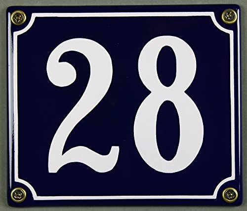 Emaille Hausnummernschild - Wählen Sie Ihre Nummer - Zahlen 1 bis 30 verfügbar - blau/weiß 12x12 cm und 12x14cm - sofort lieferbar! Hausnummer Schild wetterfest und lichtecht (28 blau/weiß 12x14cm) von Buddel-Bini Versand