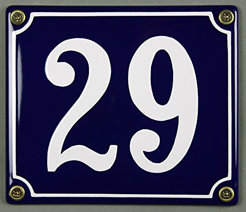 Emaille Hausnummernschild - Wählen Sie Ihre Nummer - Zahlen 1 bis 30 verfügbar - blau/weiß 12x12 cm und 12x14cm - sofort lieferbar! Hausnummer Schild wetterfest und lichtecht (29 blau/weiß 12x14cm) von Buddel-Bini Versand