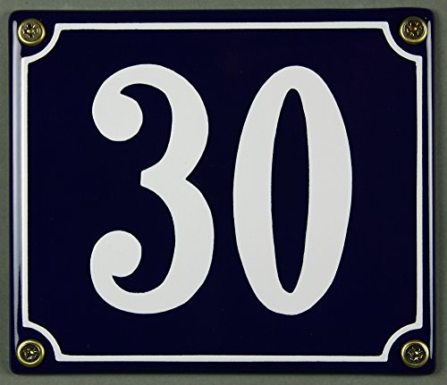 Emaille Hausnummernschild - Wählen Sie Ihre Nummer - Zahlen 1 bis 30 verfügbar - blau/weiß 12x12 cm und 12x14cm - sofort lieferbar! Hausnummer Schild wetterfest und lichtecht (30 blau/weiß 12x14cm) von Buddel-Bini Versand