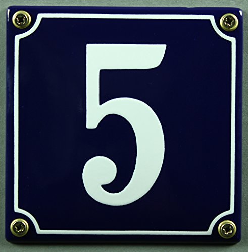 Emaille Hausnummernschild - Wählen Sie Ihre Nummer - Zahlen 1 bis 30 verfügbar - blau/weiß 12x12 cm und 12x14cm - sofort lieferbar! Hausnummer Schild wetterfest und lichtecht (5 blau/weiß 12x12cm) von Buddel-Bini Versand