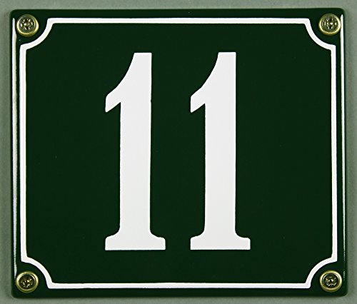Emaille Hausnummernschild - Wählen Sie Ihre Nummer - Zahlen 1 bis 30 verfügbar - grün/weiß 12x12 cm und 12x14cm - sofort lieferbar! Hausnummer Schild wetterfest und lichtecht (11 grün/weiß 12x14cm) von Buddel-Bini Versand