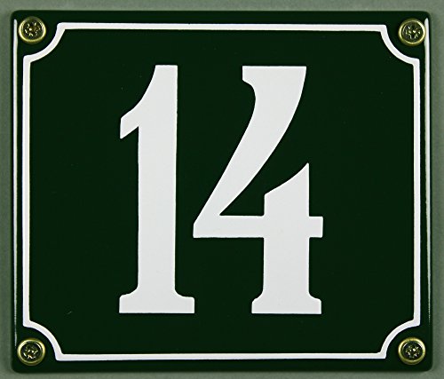 Emaille Hausnummernschild - Wählen Sie Ihre Nummer - Zahlen 1 bis 30 verfügbar - grün/weiß 12x12 cm und 12x14cm - sofort lieferbar! Hausnummer Schild wetterfest und lichtecht (14 grün/weiß 12x14cm) von Buddel-Bini Versand