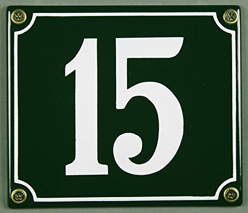 Emaille Hausnummernschild - Wählen Sie Ihre Nummer - Zahlen 1 bis 30 verfügbar - grün/weiß 12x12 cm und 12x14cm - sofort lieferbar! Hausnummer Schild wetterfest und lichtecht (15 grün/weiß 12x14cm) von Buddel-Bini Versand