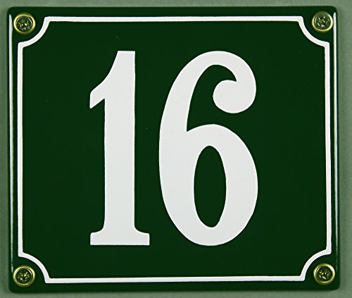 Emaille Hausnummernschild - Wählen Sie Ihre Nummer - Zahlen 1 bis 30 verfügbar - grün/weiß 12x12 cm und 12x14cm - sofort lieferbar! Hausnummer Schild wetterfest und lichtecht (16 grün/weiß 12x14cm) von Buddel-Bini Versand