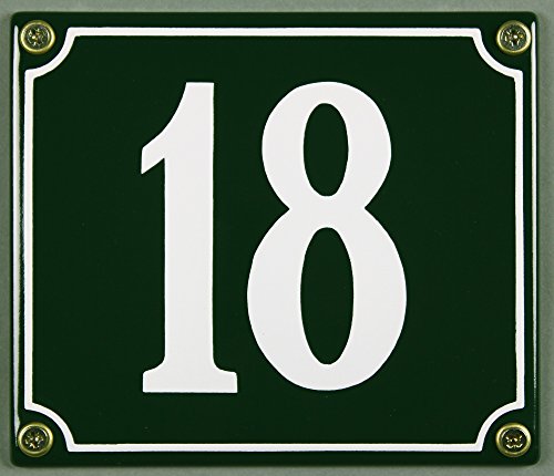 Emaille Hausnummernschild - Wählen Sie Ihre Nummer - Zahlen 1 bis 30 verfügbar - grün/weiß 12x12 cm und 12x14cm - sofort lieferbar! Hausnummer Schild wetterfest und lichtecht (18 grün/weiß 12x14cm) von Buddel-Bini Versand
