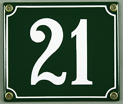 Emaille Hausnummernschild - Wählen Sie Ihre Nummer - Zahlen 1 bis 30 verfügbar - grün/weiß 12x12 cm und 12x14cm - sofort lieferbar! Hausnummer Schild wetterfest und lichtecht (21 grün/weiß 12x14cm) von Buddel-Bini Versand