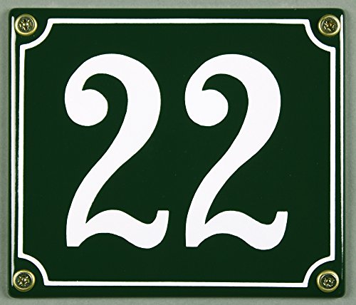 Emaille Hausnummernschild - Wählen Sie Ihre Nummer - Zahlen 1 bis 30 verfügbar - grün/weiß 12x12 cm und 12x14cm - sofort lieferbar! Hausnummer Schild wetterfest und lichtecht (22 grün/weiß 12x14cm) von Buddel-Bini Versand