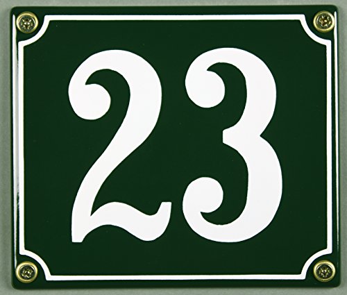 Emaille Hausnummernschild - Wählen Sie Ihre Nummer - Zahlen 1 bis 30 verfügbar - grün/weiß 12x12 cm und 12x14cm - sofort lieferbar! Hausnummer Schild wetterfest und lichtecht (23 grün/weiß 12x14cm) von Buddel-Bini Versand