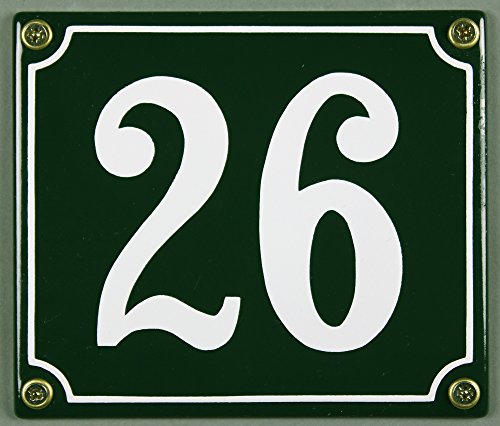 Emaille Hausnummernschild - Wählen Sie Ihre Nummer - Zahlen 1 bis 30 verfügbar - grün/weiß 12x12 cm und 12x14cm - sofort lieferbar! Hausnummer Schild wetterfest und lichtecht (26 grün/weiß 12x14cm) von Buddel-Bini Versand