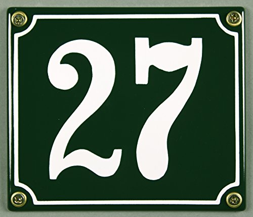 Emaille Hausnummernschild - Wählen Sie Ihre Nummer - Zahlen 1 bis 30 verfügbar - grün/weiß 12x12 cm und 12x14cm - sofort lieferbar! Hausnummer Schild wetterfest und lichtecht (27 grün/weiß 12x14cm) von Buddel-Bini Versand