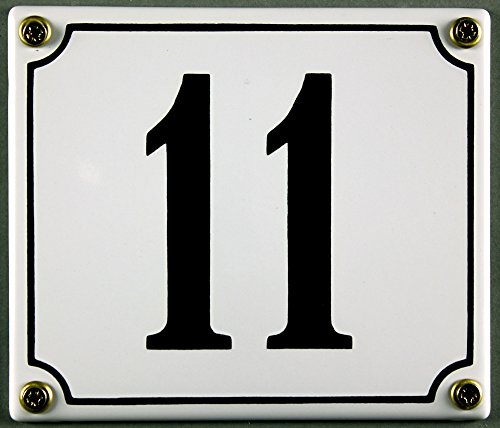 Emaille Hausnummernschild - Wählen Sie Ihre Nummer - Zahlen 1 bis 30 verfügbar - weiß/schwarz 12x12 cm - 12x14cm - sofort lieferbar! Hausnummer Schild wetterfest und lichtecht (11 weiß/schwarz 12x14cm) von Buddel-Bini Versand