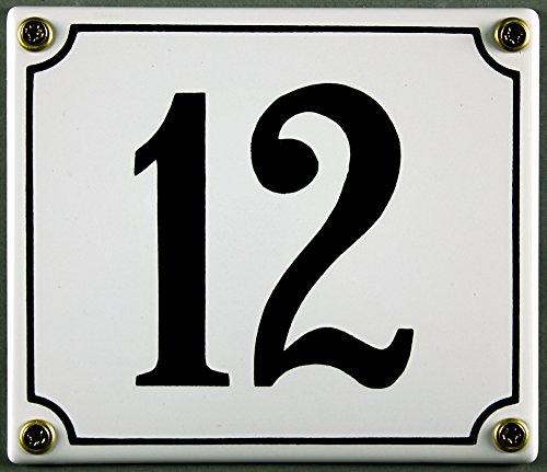 Emaille Hausnummernschild - Wählen Sie Ihre Nummer - Zahlen 1 bis 30 verfügbar - weiß/schwarz 12x12 cm - 12x14cm - sofort lieferbar! Hausnummer Schild wetterfest und lichtecht (12 weiß/schwarz 12x14cm) von Buddel-Bini Versand