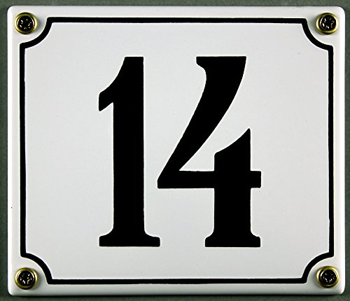 Emaille Hausnummernschild - Wählen Sie Ihre Nummer - Zahlen 1 bis 30 verfügbar - weiß/schwarz 12x12 cm und 12x14cm - sofort lieferbar! Hausnummer Schild wetterfest und lichtecht (14 weiß/schwarz 12x14cm) von Go bravely