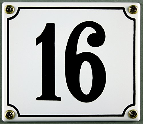 Emaille Hausnummernschild - Wählen Sie Ihre Nummer - Zahlen 1 bis 30 verfügbar - weiß/schwarz 12x12 cm und 12x14cm - sofort lieferbar! Hausnummer Schild wetterfest und lichtecht (16 weiß/schwarz 12x14cm) von Buddel-Bini Versand