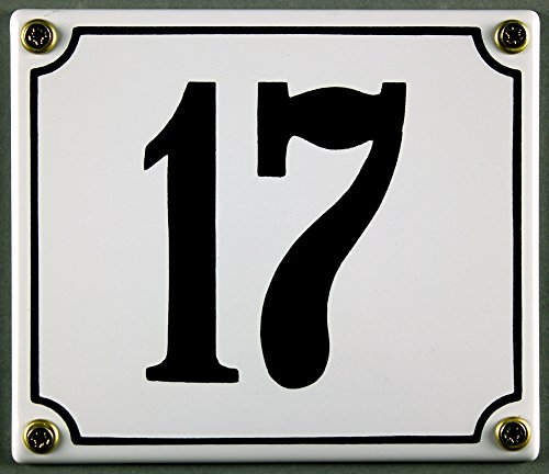 Emaille Hausnummernschild - Wählen Sie Ihre Nummer - Zahlen 1 bis 30 verfügbar - weiß/schwarz 12x12 cm - 12x14cm - sofort lieferbar! Hausnummer Schild wetterfest und lichtecht (17 weiß/schwarz 12x14cm) von Buddel-Bini Versand