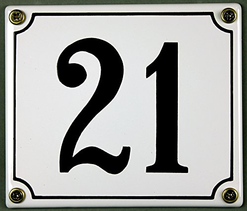 Emaille Hausnummernschild - Wählen Sie Ihre Nummer - Zahlen 1 bis 30 verfügbar - weiß/schwarz 12x12 cm und 12x14cm - sofort lieferbar! Hausnummer Schild wetterfest und lichtecht (21 weiß/schwarz 12x14cm) von Buddel-Bini Versand