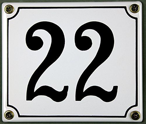 Emaille Hausnummernschild - Wählen Sie Ihre Nummer - Zahlen 1 bis 30 verfügbar - weiß/schwarz 12x12 cm und 12x14cm - sofort lieferbar! Hausnummer Schild wetterfest und lichtecht (22 weiß/schwarz 12x14cm) von Buddel-Bini Versand