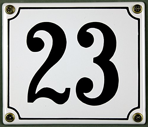 Emaille Hausnummernschild - Wählen Sie Ihre Nummer - Zahlen 1 bis 30 verfügbar - weiß/schwarz 12x12 cm und 12x14cm - sofort lieferbar! Hausnummer Schild wetterfest und lichtecht (23 weiß/schwarz 12x14cm) von Buddel-Bini Versand