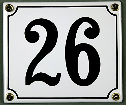 Emaille Hausnummernschild - Wählen Sie Ihre Nummer - Zahlen 1 bis 30 verfügbar - weiß/schwarz 12x12 cm und 12x14cm - sofort lieferbar! Hausnummer Schild wetterfest und lichtecht (26 weiß/schwarz 12x14cm) von Buddel-Bini Versand