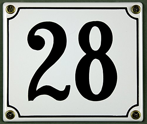 Emaille Hausnummernschild - Wählen Sie Ihre Nummer - Zahlen 1 bis 30 verfügbar - weiß/schwarz 12x12 cm und 12x14cm - sofort lieferbar! Hausnummer Schild wetterfest und lichtecht (28 weiß/schwarz 12x14cm) von Buddel-Bini Versand