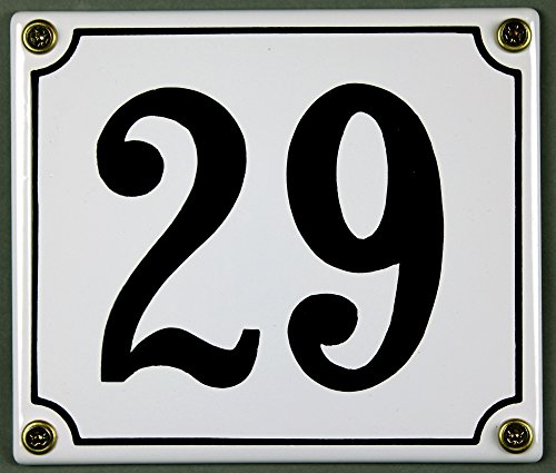 Emaille Hausnummernschild - Wählen Sie Ihre Nummer - Zahlen 1 bis 30 verfügbar - weiß/schwarz 12x12 cm und 12x14cm - sofort lieferbar! Hausnummer Schild wetterfest und lichtecht (29 weiß/schwarz 12x14cm) von Buddel-Bini Versand