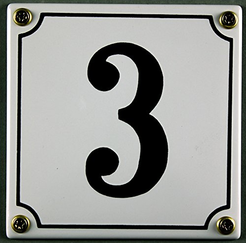 Emaille Hausnummernschild - Wählen Sie Ihre Nummer - Zahlen 1 bis 30 verfügbar - weiß/schwarz 12x12 cm und 12x14cm - sofort lieferbar! Hausnummer Schild wetterfest und lichtecht (3 weiß/schwarz 12x12cm) von Buddel-Bini Versand