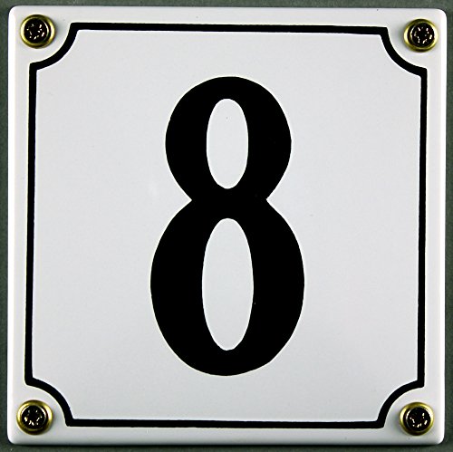 Emaille Hausnummernschild - Wählen Sie Ihre Nummer - Zahlen 1 bis 30 verfügbar - weiß/schwarz 12x12 cm - 12x14cm - sofort lieferbar! Hausnummer Schild wetterfest und lichtecht (8 weiß/schwarz 12x12cm) von Buddel-Bini Versand