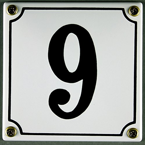 Emaille Hausnummernschild - Wählen Sie Ihre Nummer - Zahlen 1 bis 30 verfügbar - weiß/schwarz 12x12 cm und 12x14cm - sofort lieferbar! Hausnummer Schild wetterfest und lichtecht (9 weiß/schwarz 12x12cm) von Buddel-Bini Versand