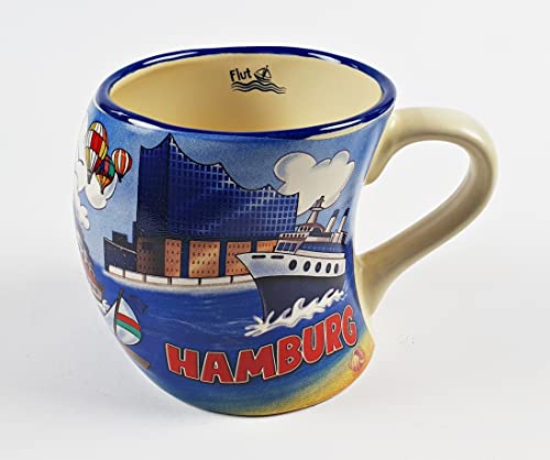 Hamburg Becher bauchig schiefe Tasse Elphi Rathaus Möwe Souvenir schräg von Buddel-Bini