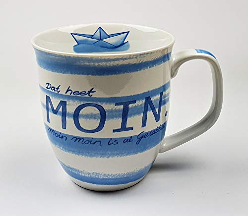 Maritimer Becher Dat heet Moin Gesabbel Anker gestreift Tasse Kaffee Becher Andenken weiß blau Papierschiffchen von Buddel-Bini