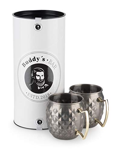 Buddy´s Bar - 2 Moscow Mule Becher, 500 ml, hochwertige Edelstahl-Becher mit Ananas Struktur, lebensmittelecht, Pineapple-Skin Cocktail Becher inkl. Geschenkbox, 2er Set, Edelstahl antik von Buddy´s Bar