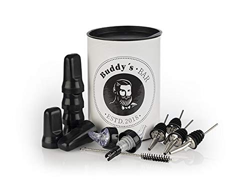 Buddy´s Bar - Ausgießer-Set, 4 Permanent Flaschenausgießer Ø 3 cm, 2 Permanent Ausgießer Ø 4 cm, 6 Stopfen, Dosierer, Ölausgießer, Spirituosenausgießer, 1 Reinigungsbürste von Buddy´s Bar