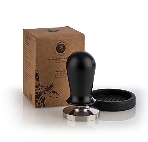 Buddy´s Bar - Barista Edition, Premium Tamper, Kaffee Verdichter Ø 53 mm Base, H: 10 cm, rostfreier Edelstahl, Espresso Stempel für 53 mm Siebträger, Kaffeestampfer mit Silikonmatte, schwarzer Griff von Buddy´s Bar