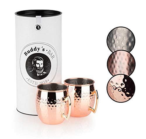 Buddy´s Bar - Moscow Mule Becher, 500 ml, hochwertiger Edelstahl-Becher, lebensmittelecht, Hammerschlag-Effekt, Cocktail-Tasse inkl. Geschenkbox, gehämmert, Kupfer Poliert, 2er Set von Buddy´s Bar