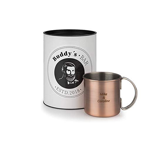 Buddy´s Bar - Moscow Mule Becher 450 ml mit Gravur, bis zu zwei Zeilen mit individuellem Text, hochwertiger Edelstahl-Becher, inklusive Geschenkbox, Kupfer Antik, 1 Stück von Buddy´s Bar