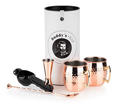 Buddy´s Bar - Moscow Mule Komplett Set, 2 x 500 ml Cocktail-Becher, 27 cm Barlöffel, 5 cl Barmaß & Schwarze Limettenpresse, lebensmittelecht, Cocktail-Tassen-Set inkl. Geschenkbox, Kupfer gehämmert von Buddy´s Bar