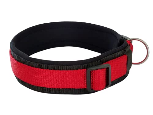 BUDDYPACK | Bequemes Hundehalsband | Extra-Breit mit Neopren-Polster | Für Kleine, Mittlere und Große Hunde | Größe XXS-3XL (S (38-43 cm), Rot auf Schwarz) von Buddypack