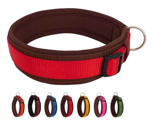 BUDDYPACK | Bequemes Hundehalsband | Extra-Breit mit Neopren-Polster | Für Kleine, Mittlere und Große Hunde | Größe XXS-3XL (XXS (29-34 cm), Rot auf Braun) von Buddypack