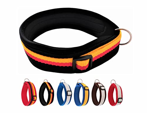 BUDDYPACK | Exklusives Hundehalsband Extra-Breit und Weich mit Neopren-Polster | Größe XXS-3XL | Verstellbar (XS (32-37 cm), Schwarz-Rot-Gelb) von Buddypack