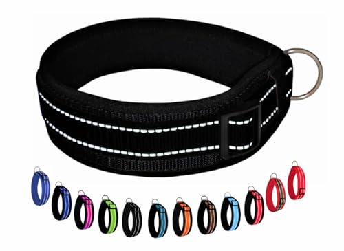 BUDDYPACK | Extra-Breites Hundehalsband mit Reflektorstreifen | Weiches Neopren-Polster | Größe XXS-3XL Verstellbar (M/L (47-52 cm), Schwarz) von Buddypack