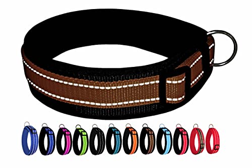 BUDDYPACK | Extra-Breites Hundehalsband mit Reflektorstreifen | Weiches Neopren-Polster | Größe XXS-3XL Verstellbar (S/M (41-46 cm), Braun auf Schwarz) von Buddypack