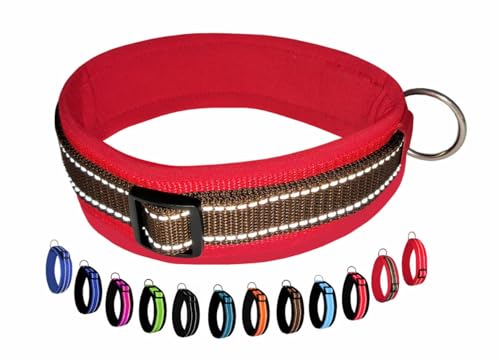 BUDDYPACK | Extra-Breites Hundehalsband mit Reflektorstreifen | Weiches Neopren-Polster | Größe XXS-3XL Verstellbar (XS (32-37 cm), Braun auf Rot) von Buddypack