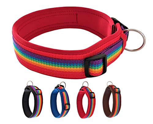 BUDDYPACK | Hundehalsband *Rainbow* Extra-Breit und Weich mit Neopren Gepolstert | Größe XXS-3XL | Verstellbar (L (50-55 cm), Regenbogen auf Rot) von Buddypack