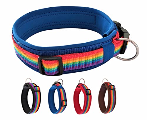 BUDDYPACK | Hundehalsband *Rainbow* Extra-Breit und Weich mit Neopren Gepolstert | Größe XXS-3XL | Verstellbar (M (44-49 cm), Regenbogen auf Blau) von Buddypack